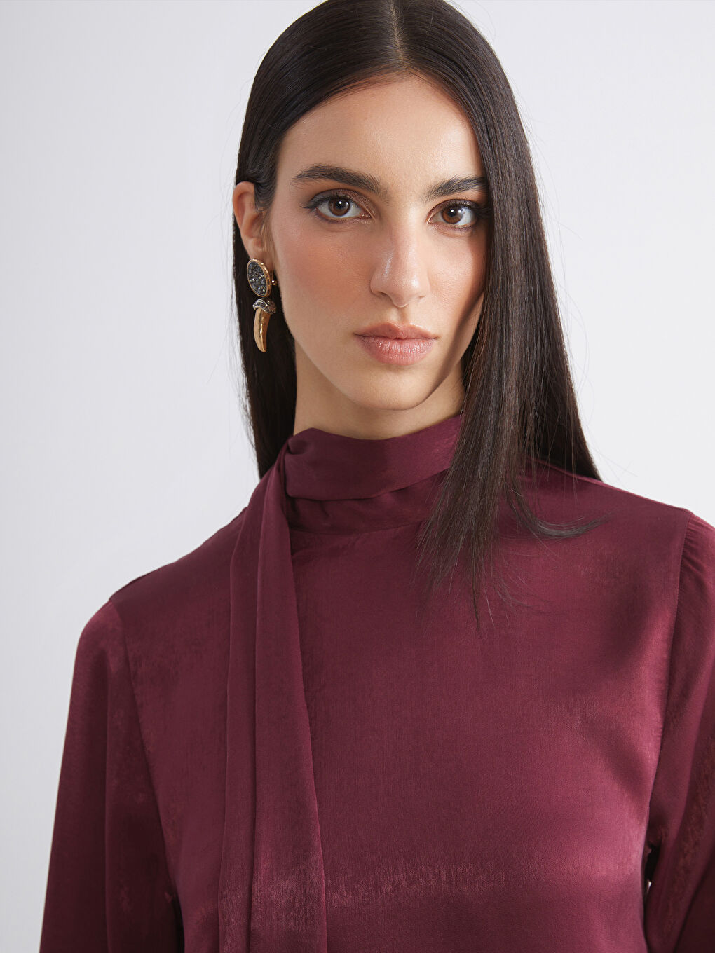 Bordo Şal Yaka Saten Elbise-1