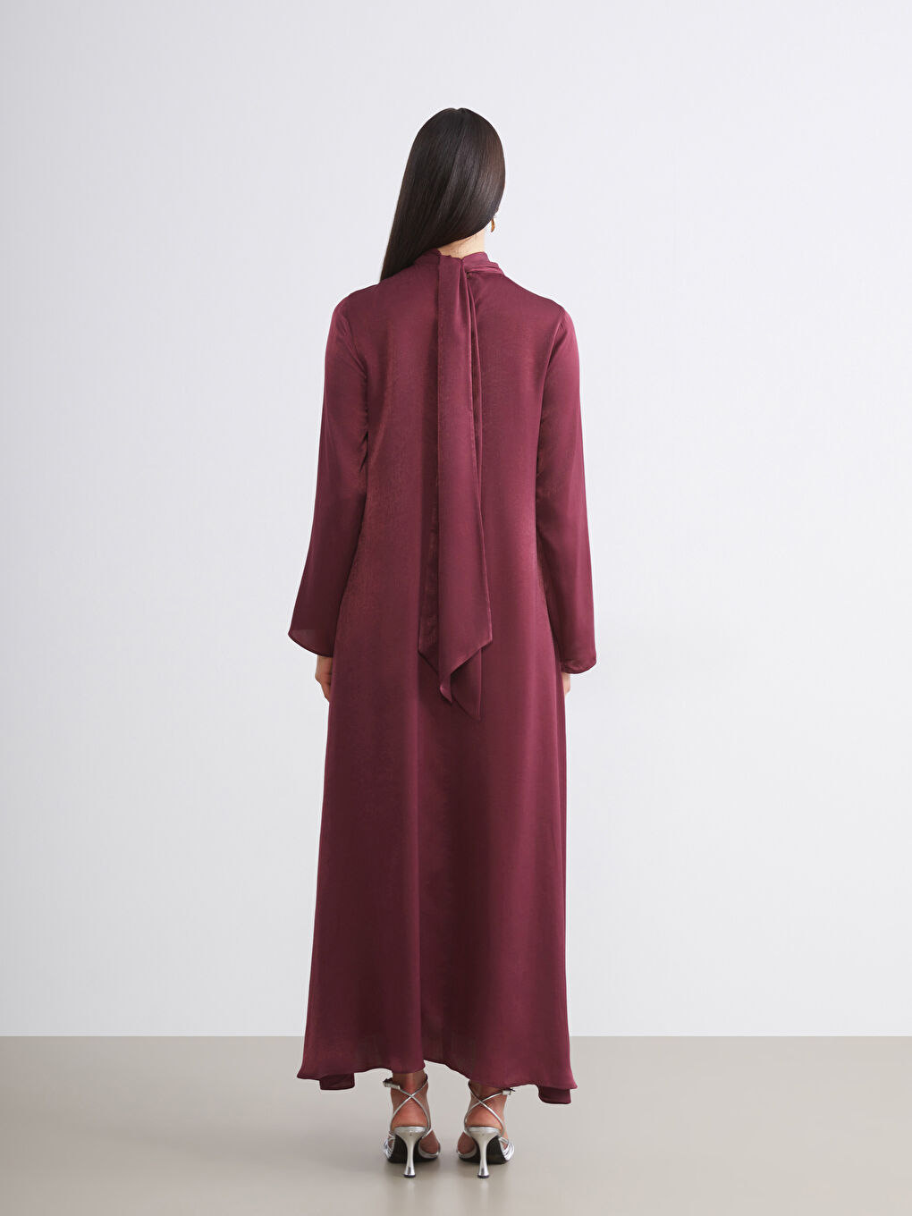 Bordo Şal Yaka Saten Elbise-3