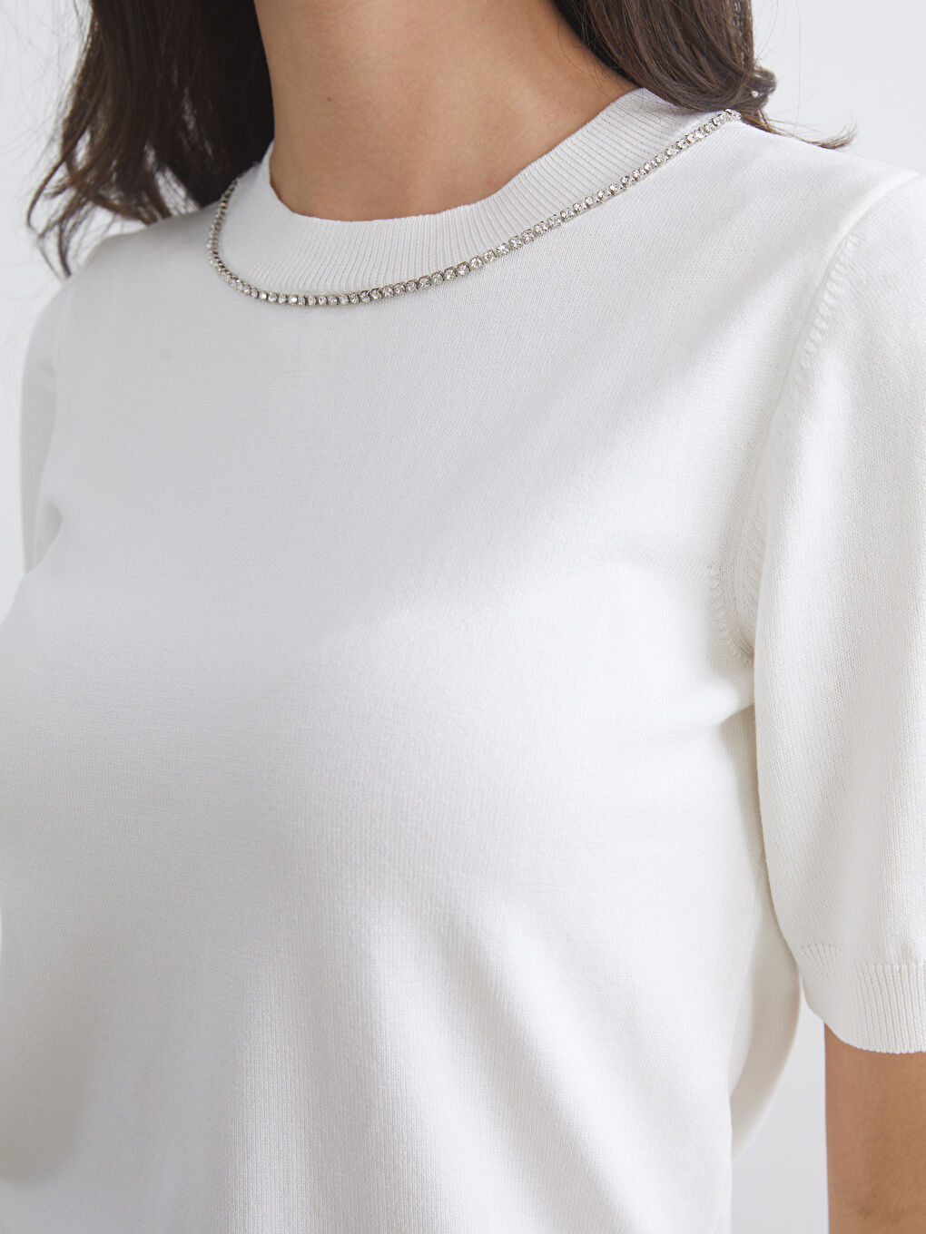 Ekru Bisiklet Yaka Taşlı Kadın Triko Kazak-2