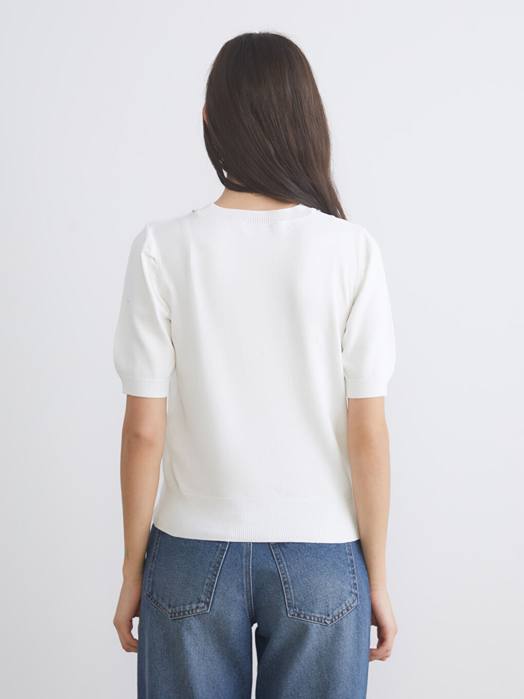 Ekru Bisiklet Yaka Taşlı Kadın Triko Kazak-3