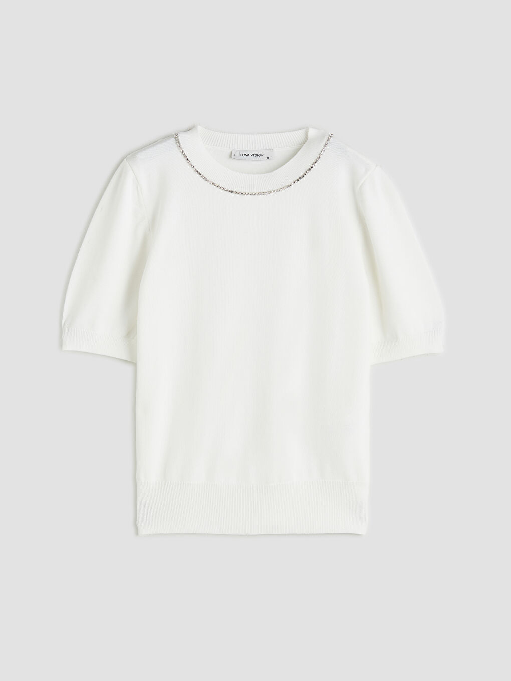 Ekru Bisiklet Yaka Taşlı Kadın Triko Kazak-4