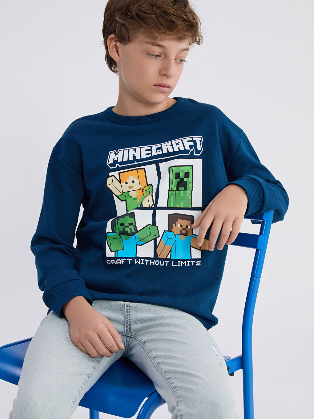 Petrol Bisiklet Yaka Minecraft Baskılı Erkek Çocuk Sweatshirt