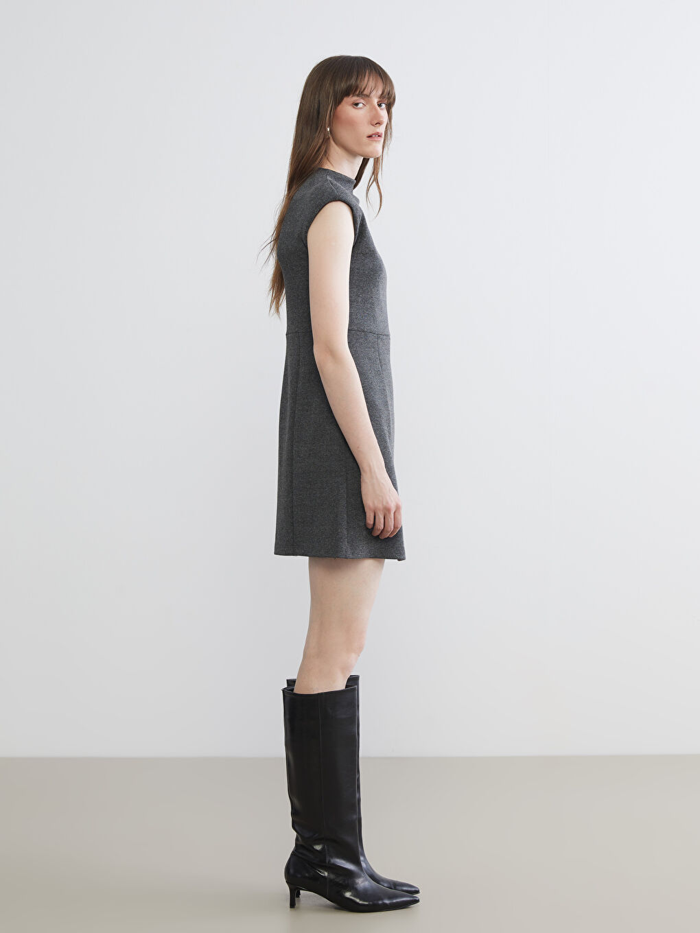 Antrasit Bisiklet Yaka Beli Kemerli A Kesim Elbise-1