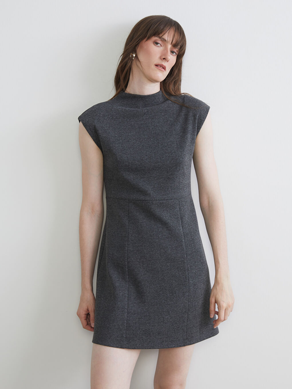 Antrasit Bisiklet Yaka Beli Kemerli A Kesim Elbise-2