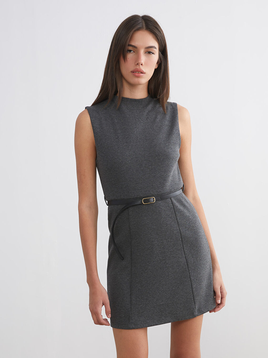 Antrasit Bisiklet Yaka Beli Kemerli A Kesim Elbise-3