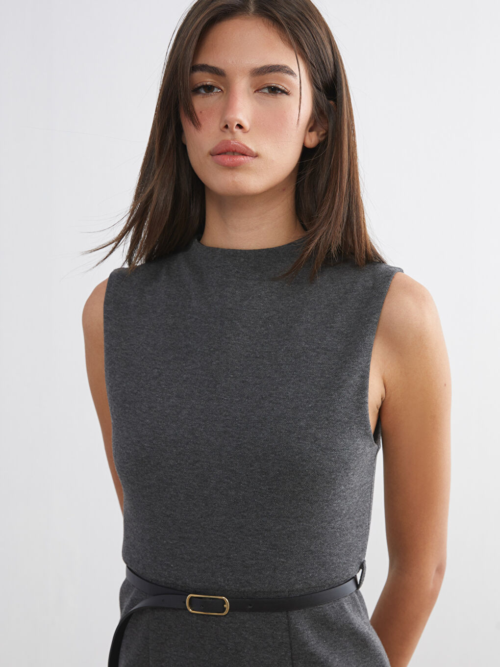 Antrasit Bisiklet Yaka Beli Kemerli A Kesim Elbise-5