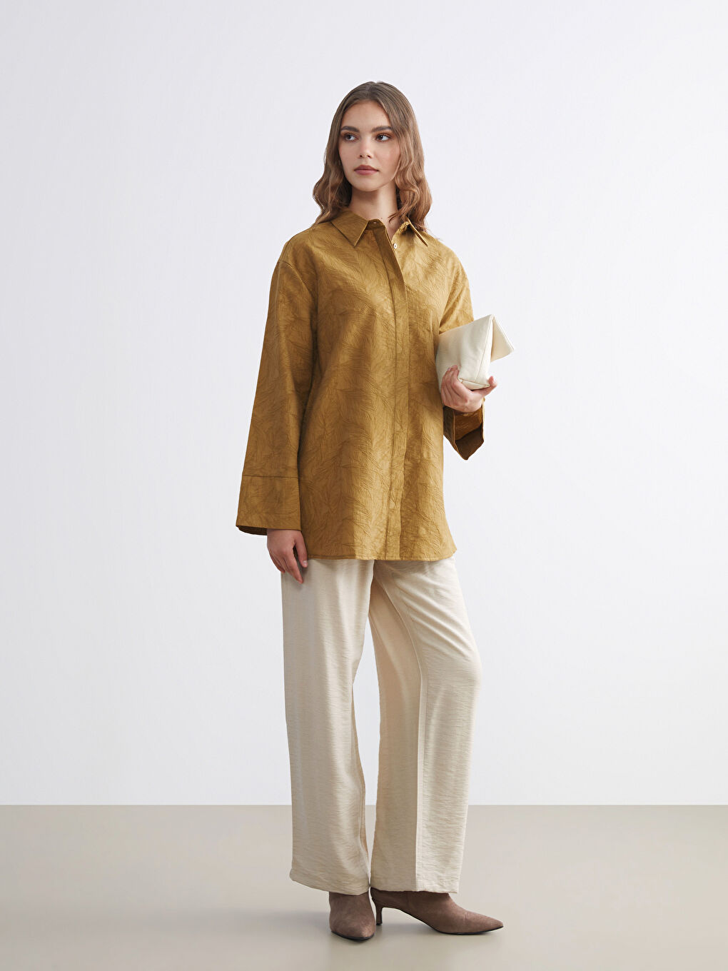 Bej Beli Lastikli Geniş Paça Kadın Pantolon