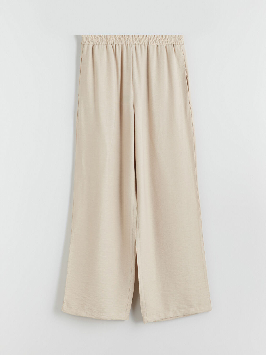 Bej Beli Lastikli Geniş Paça Kadın Pantolon-4