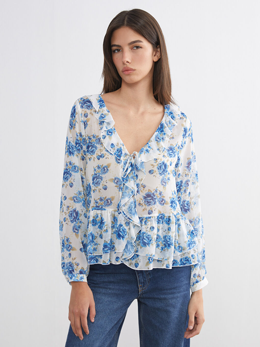 V Neck Floral Frilled Chiffon Blouse-1
