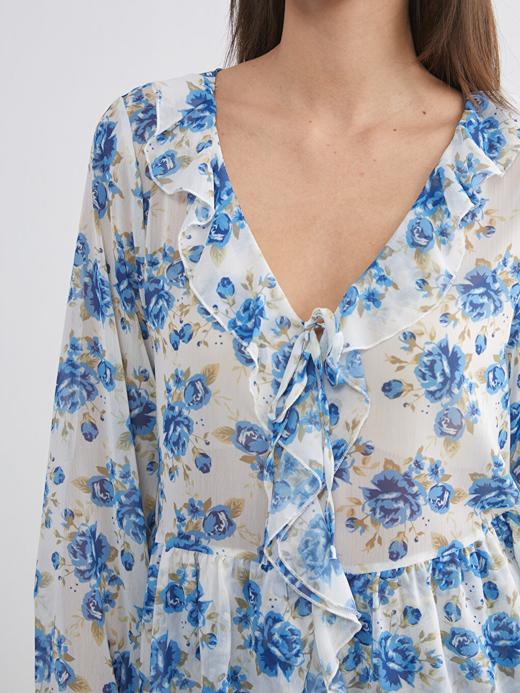 V Neck Floral Frilled Chiffon Blouse-4