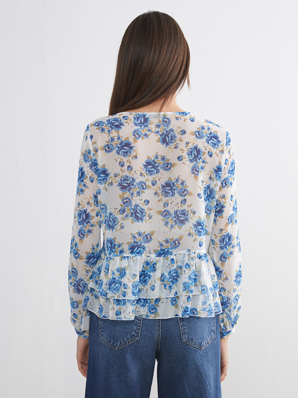V Neck Floral Frilled Chiffon Blouse-6