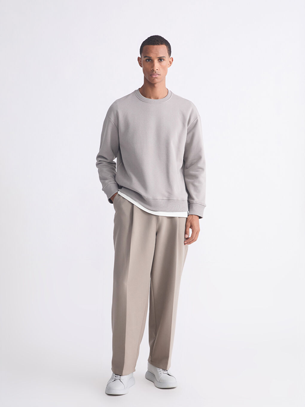 Gri Bisiklet Yaka Erkek Kalın Sweatshirt-1