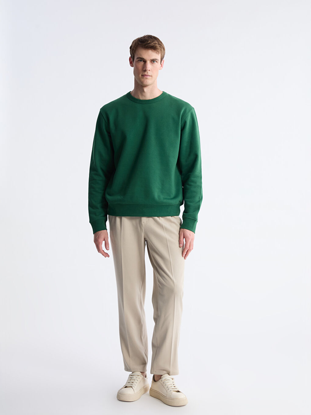 Yeşil Bisiklet Yaka Erkek Kalın Sweatshirt-1