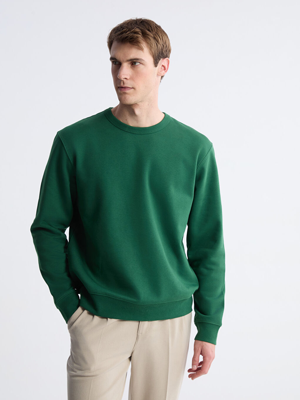 Yeşil Bisiklet Yaka Erkek Kalın Sweatshirt