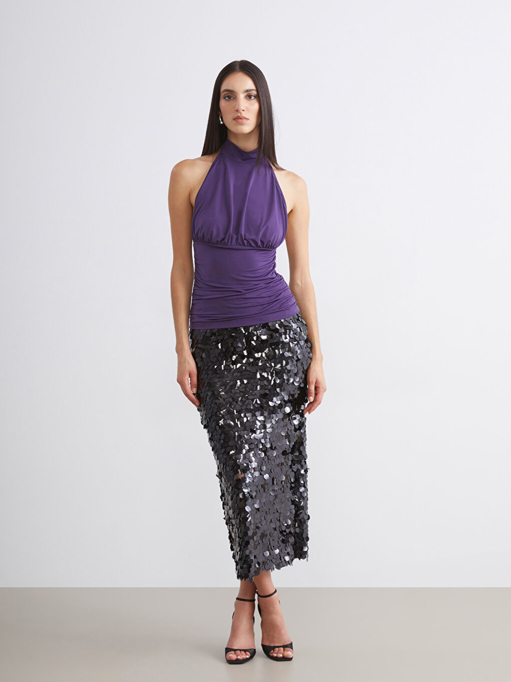 Mürdüm Halter Yaka Büzgülü Bluz-1