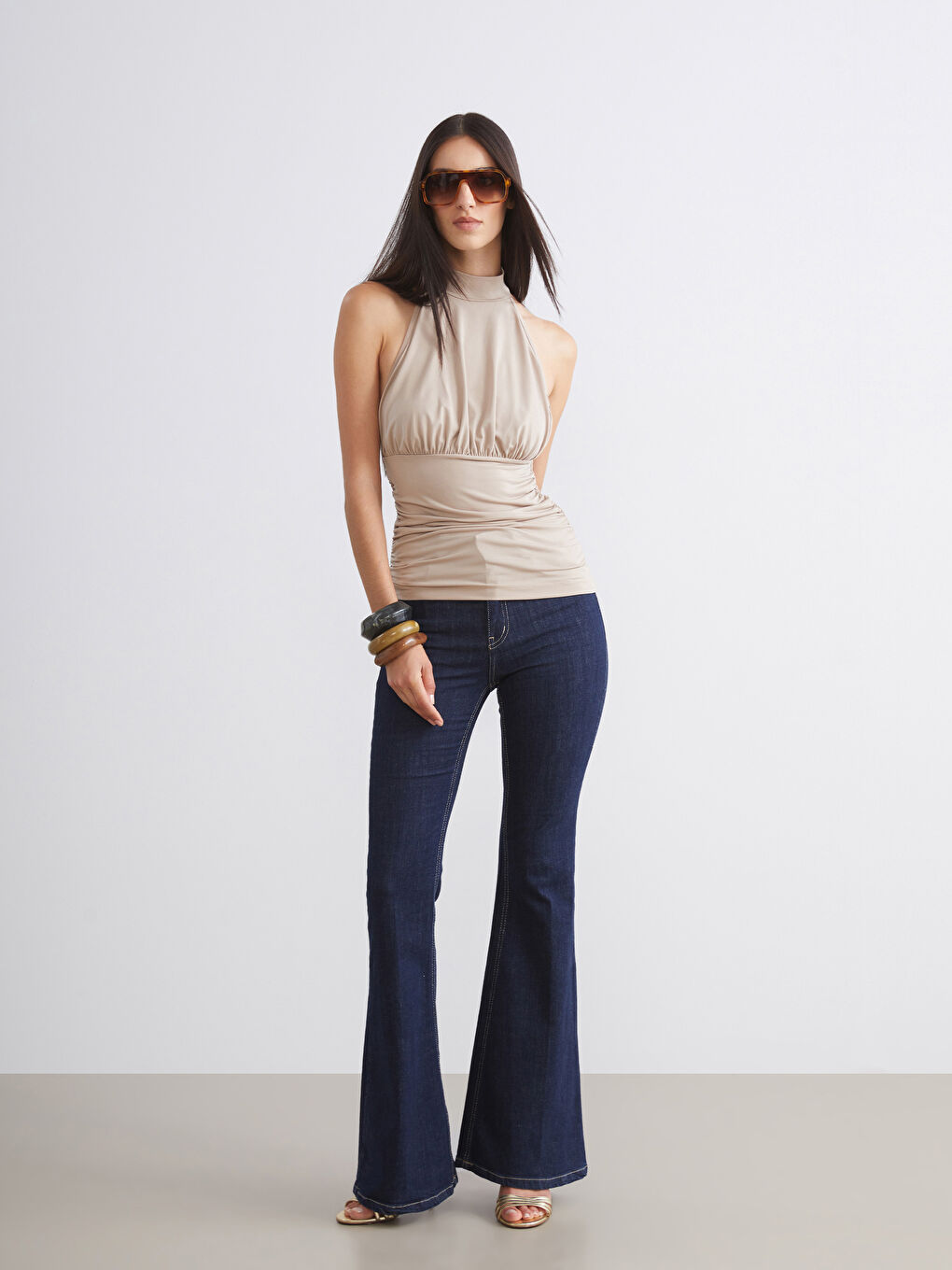 Sarı Halter Yaka Büzgülü Bluz-1