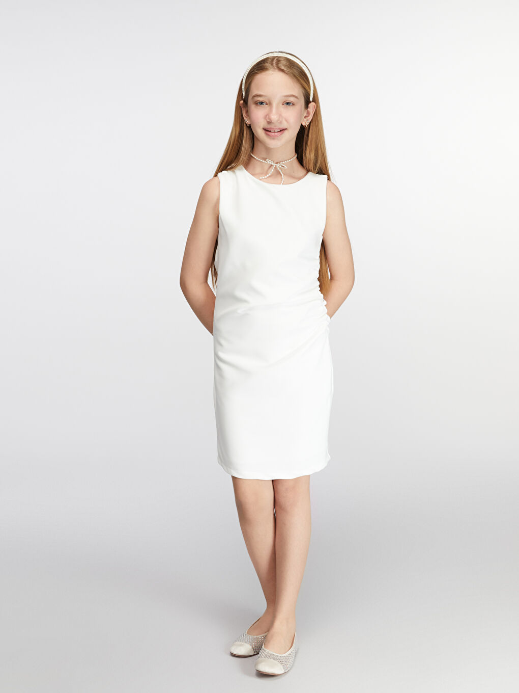 Ekru Büzgülü Kız Çocuk Abiye Elbise-1