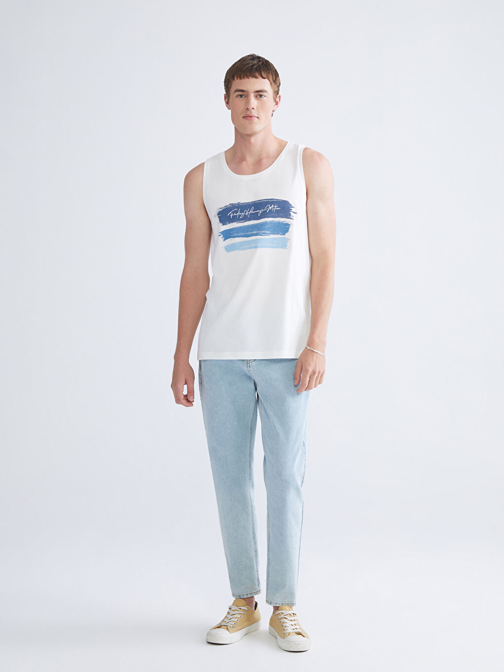 Ekru Bisiklet Yaka Baskılı Erkek Kolsuz Tişört-1