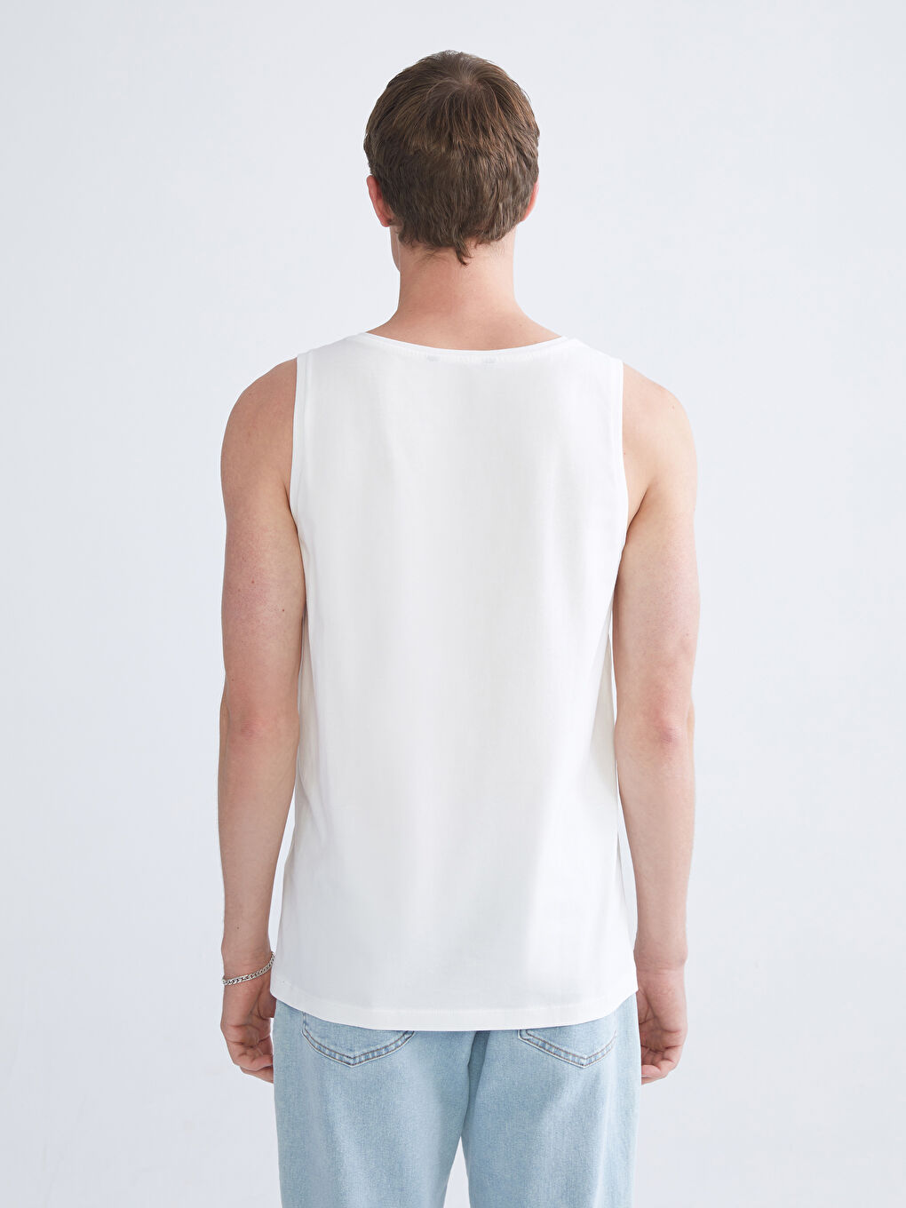 Ekru Bisiklet Yaka Baskılı Erkek Kolsuz Tişört-3