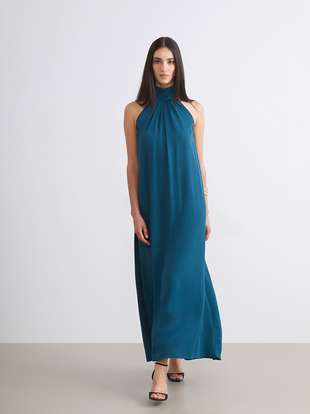 Petrol Halter Yaka Büzgülü Elbise-1