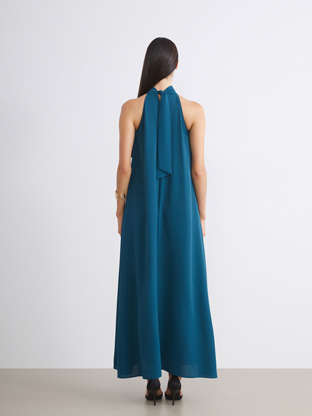 Petrol Halter Yaka Büzgülü Elbise-3