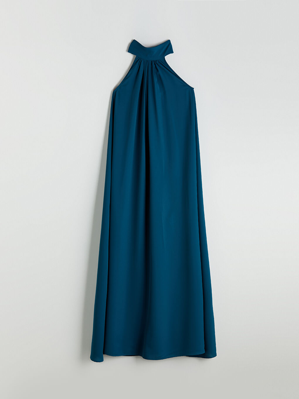 Petrol Halter Yaka Büzgülü Elbise-4