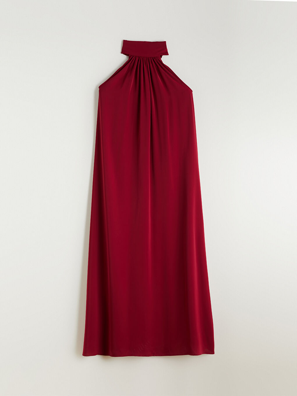 Bordo Halter Yaka Büzgülü Elbise-4