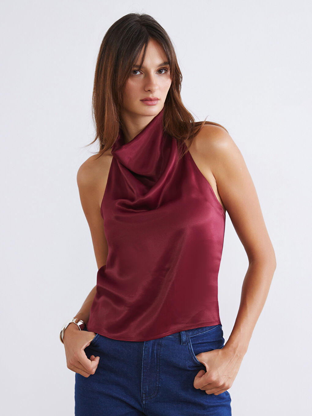 Bordo Halter Yaka Saten Bluz