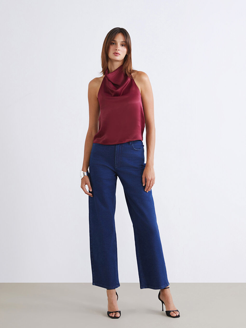 Bordo Halter Yaka Saten Bluz-1