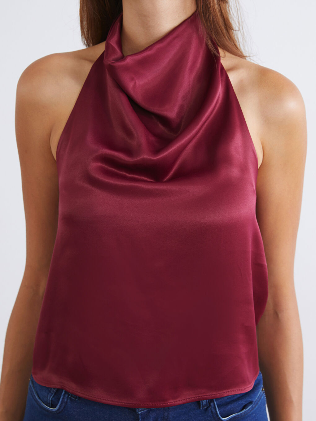 Bordo Halter Yaka Saten Bluz-2