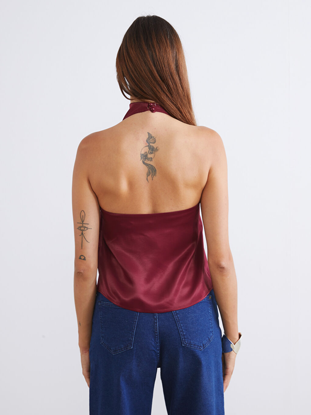 Bordo Halter Yaka Saten Bluz-3