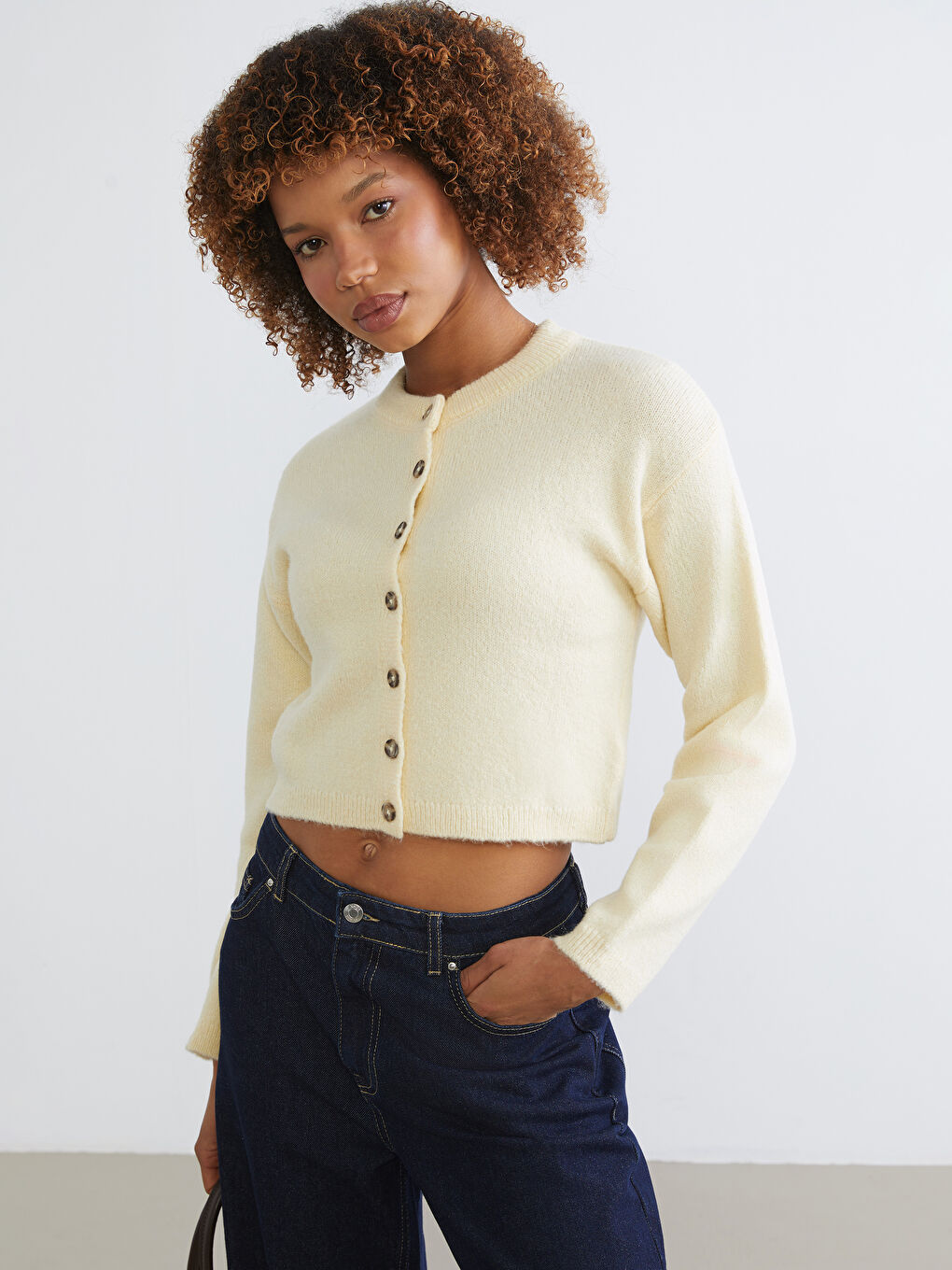 Sarı Bisiklet Yaka Kadın Triko Hırka