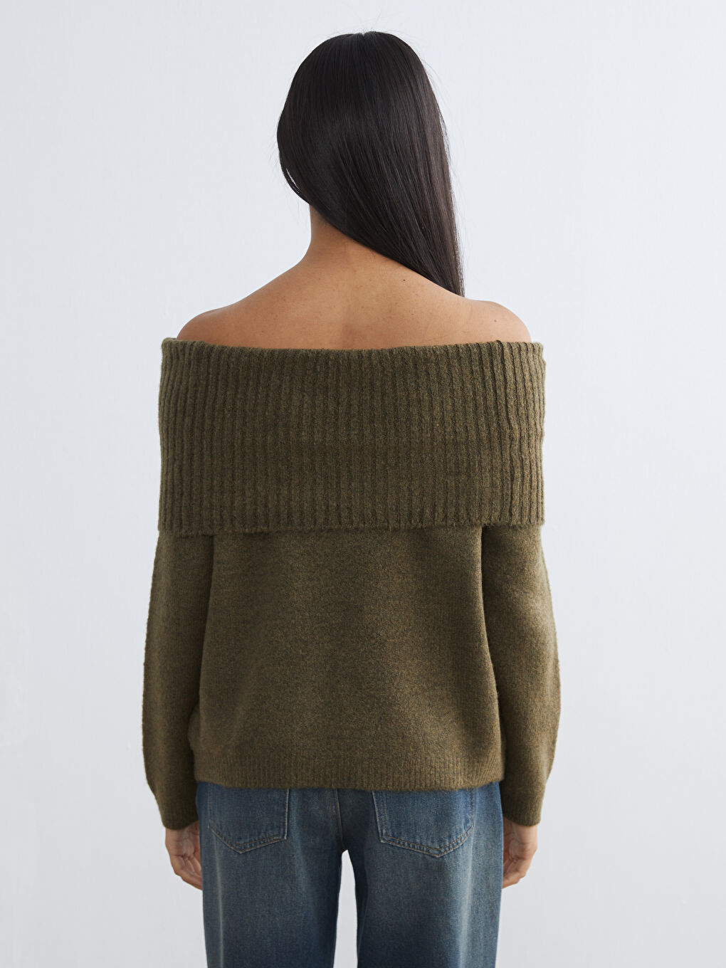 Haki Kayık Yaka Kadın Triko Kazak-3