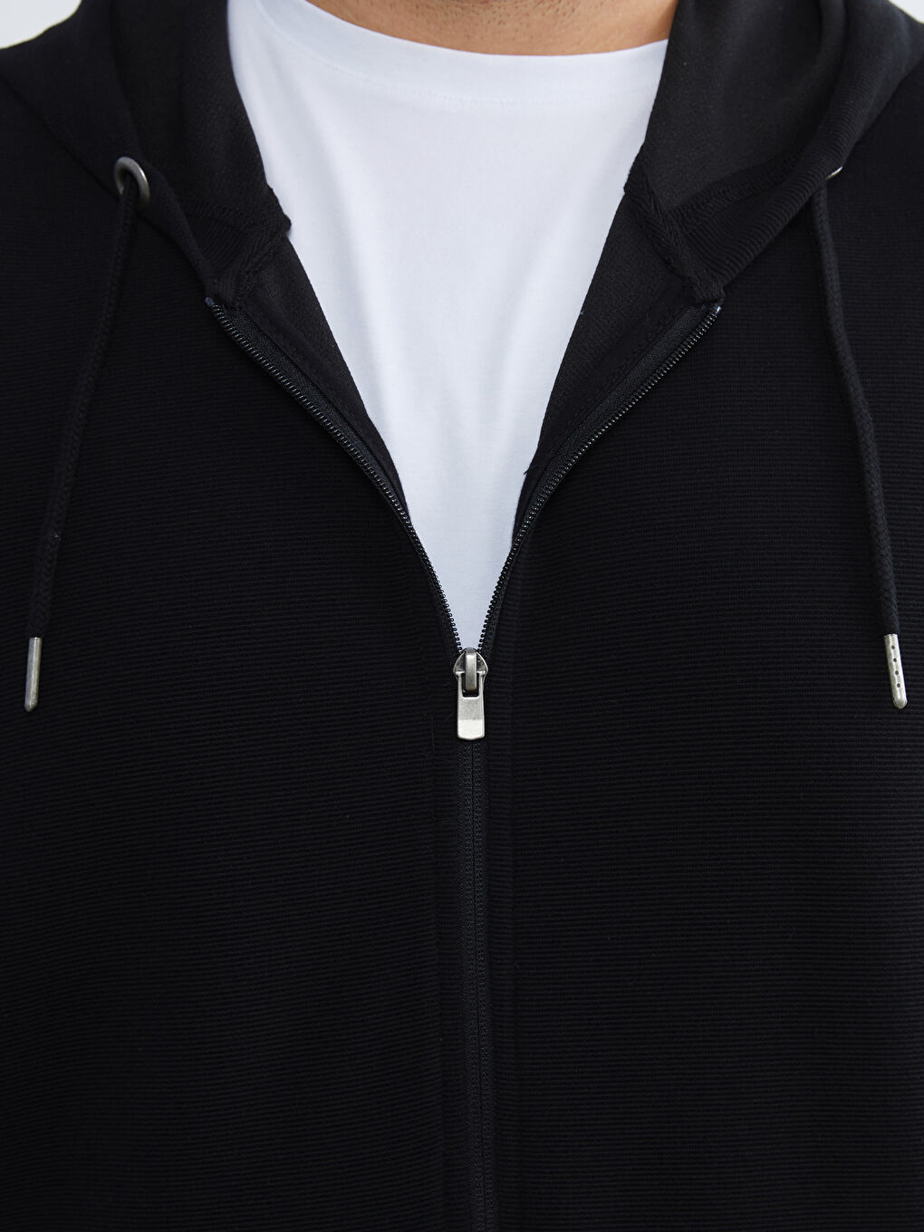 Siyah Standart Kalıp Kapüşonlu Erkek Fermuarlı Sweatshirt-2