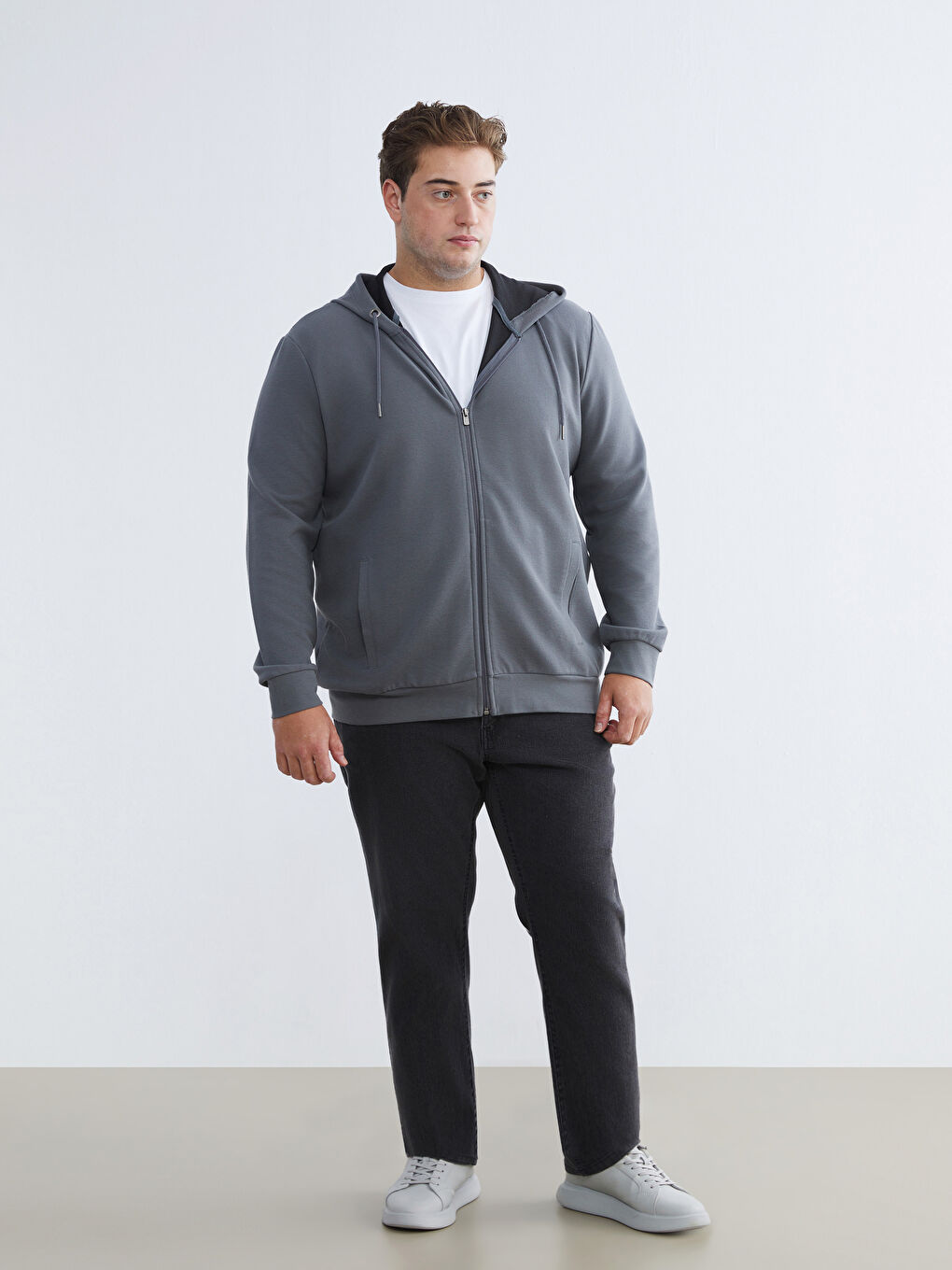 Gri Standart Kalıp Kapüşonlu Erkek Fermuarlı Sweatshirt-1