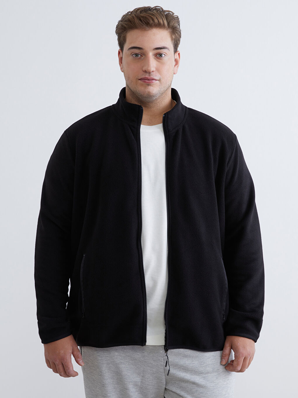 Siyah Standart Kalıp Dik Yaka Polar Erkek Fermuarlı Sweatshirt