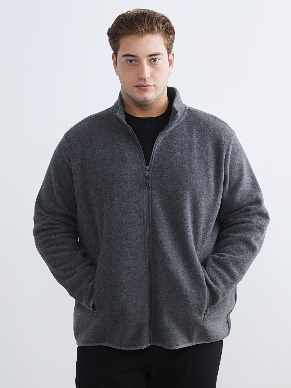 Gri Standart Kalıp Dik Yaka Polar Erkek Fermuarlı Sweatshirt