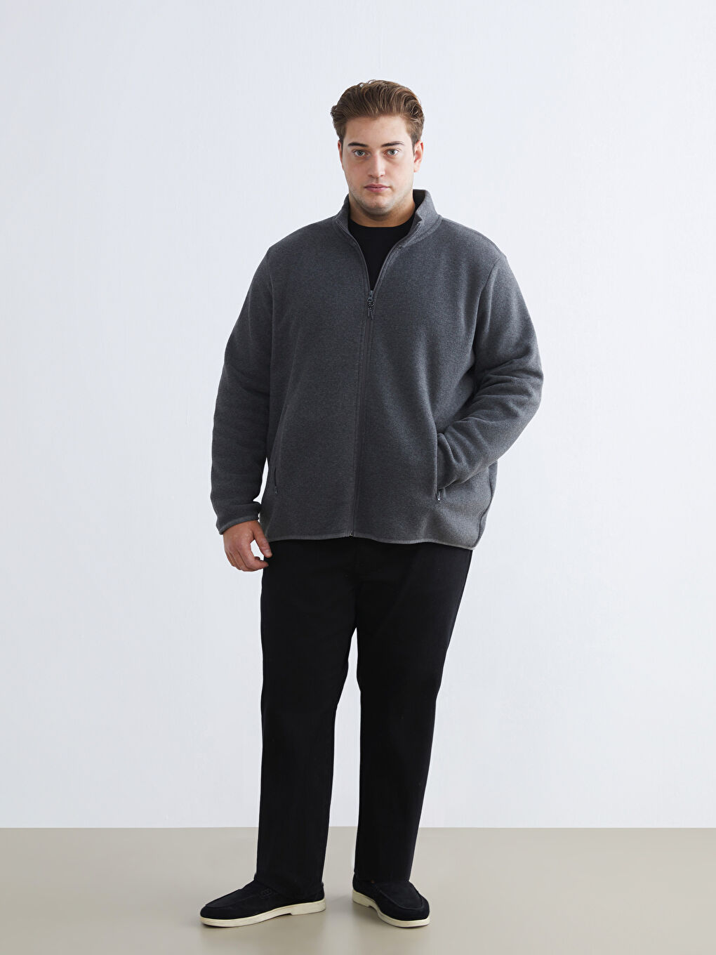 Gri Standart Kalıp Dik Yaka Polar Erkek Fermuarlı Sweatshirt-1