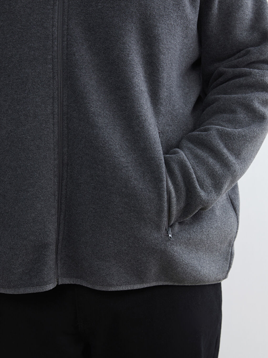 Gri Standart Kalıp Dik Yaka Polar Erkek Fermuarlı Sweatshirt-2
