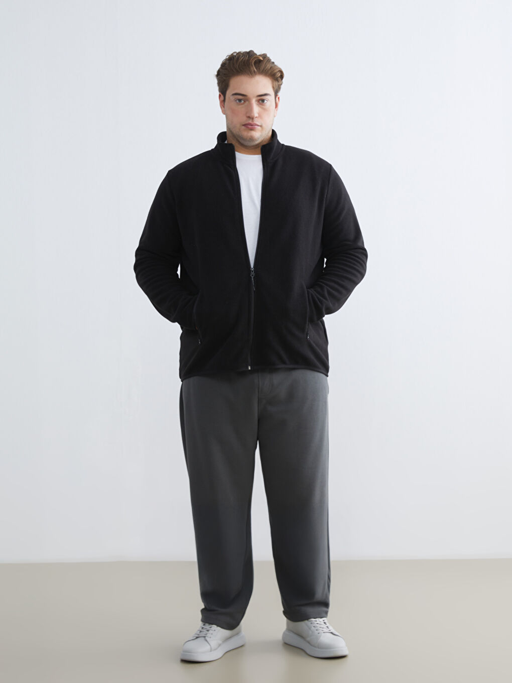 Siyah Standart Kalıp Dik Yaka Polar Erkek Fermuarlı Sweatshirt-2