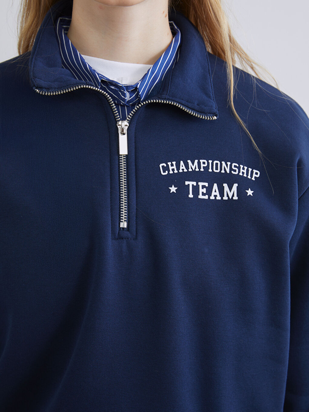 Lacivert Dik Yaka Baskılı Oversize Kadın Kalın Sweatshirt-2