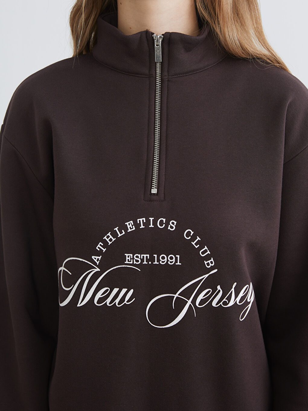 Kahverengi New Jersey Baskılı Oversize Kadın Kalın Sweatshirt-2