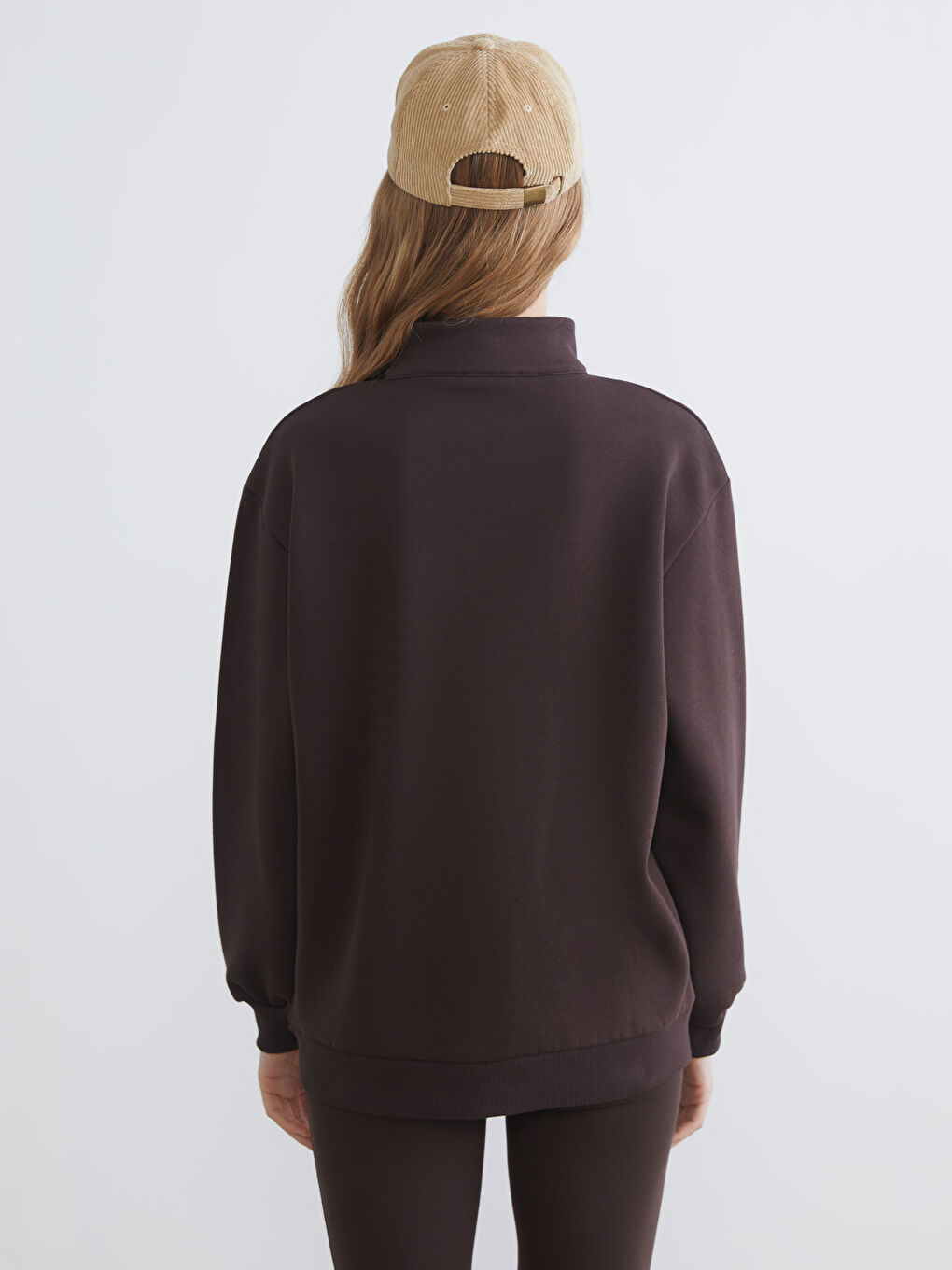 Kahverengi New Jersey Baskılı Oversize Kadın Kalın Sweatshirt-3