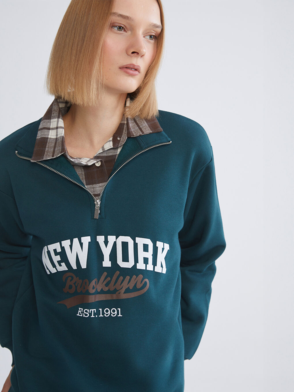 Yeşil New York Baskılı Oversize Kadın Kalın Sweatshirt