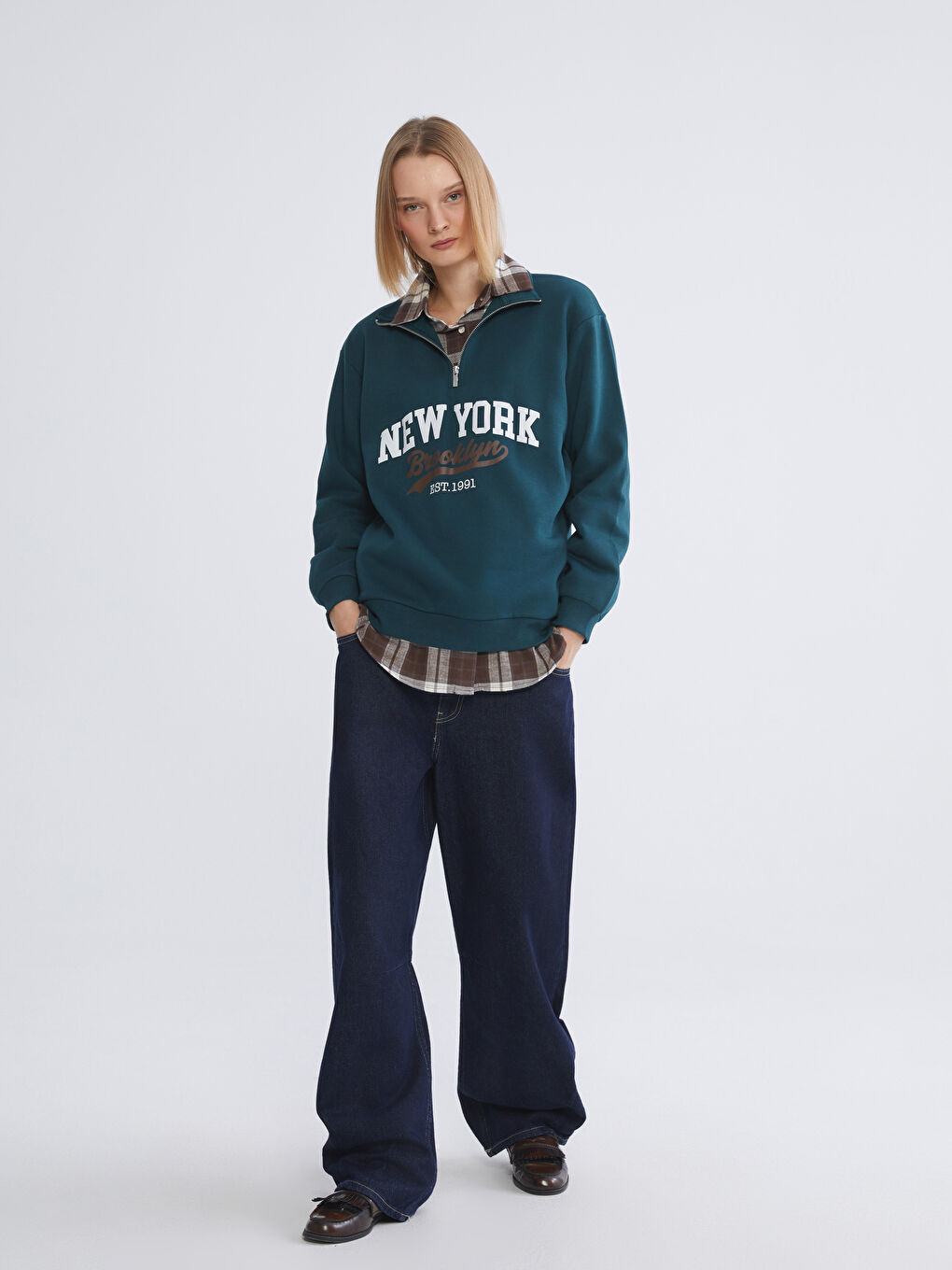 Yeşil New York Baskılı Oversize Kadın Kalın Sweatshirt-1