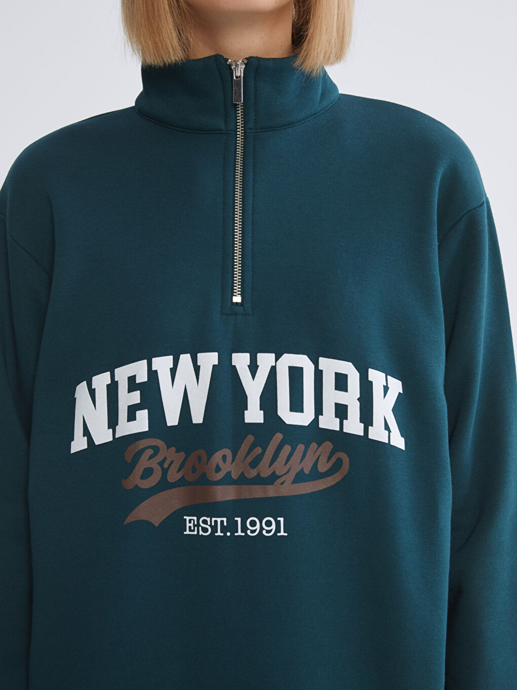 Yeşil New York Baskılı Oversize Kadın Kalın Sweatshirt-2