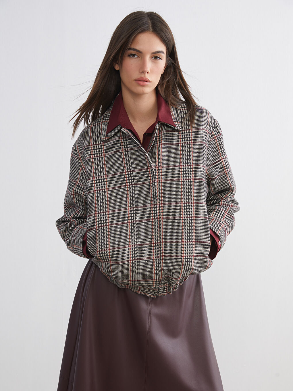 Collared Neck Herringbone Patterned Women's Cachet Jacket