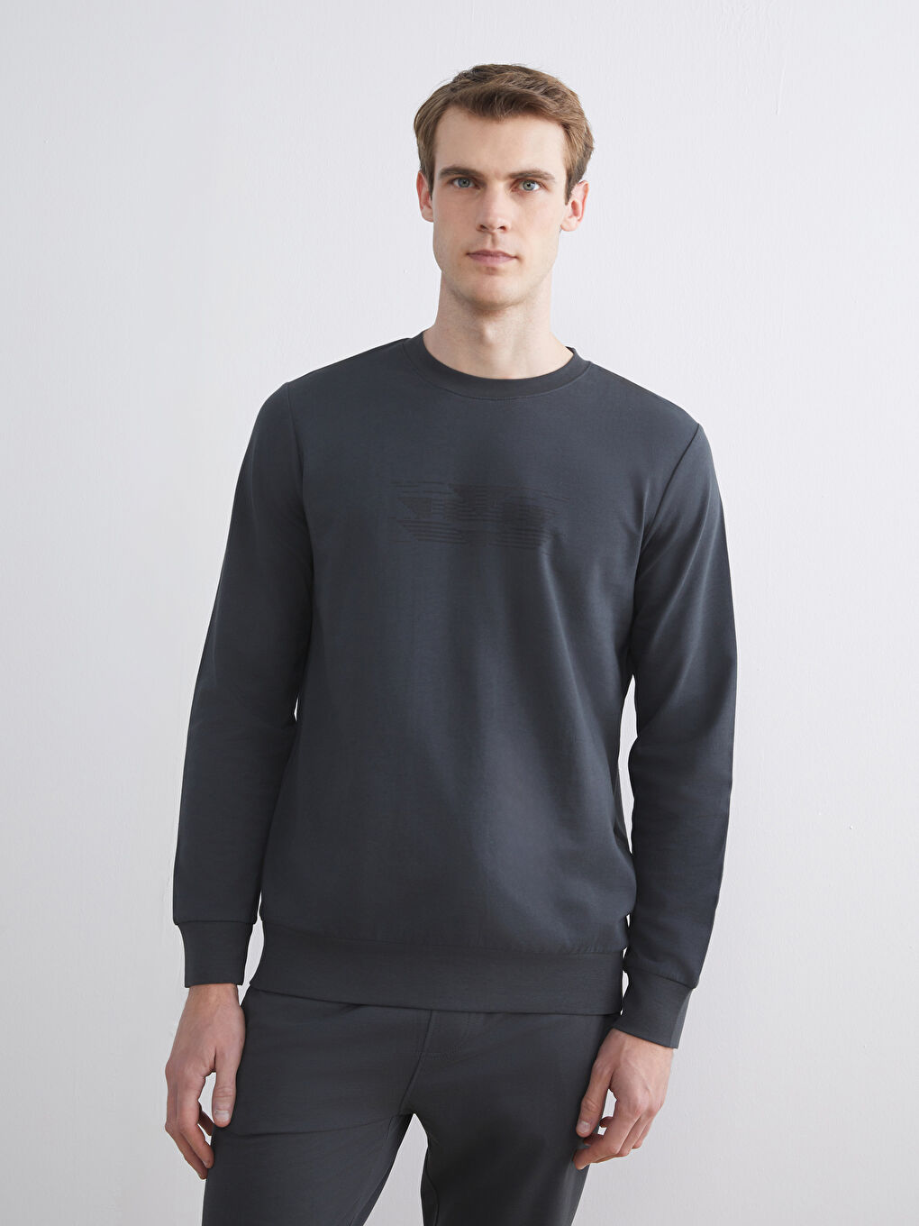 Antrasit Bisiklet Yaka Baskılı Erkek Sweatshirt