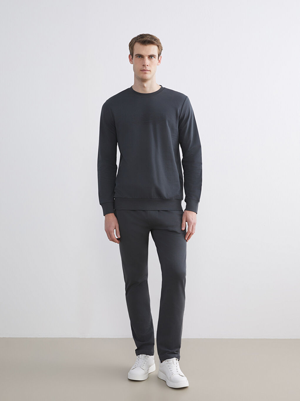 Antrasit Bisiklet Yaka Baskılı Erkek Sweatshirt-1