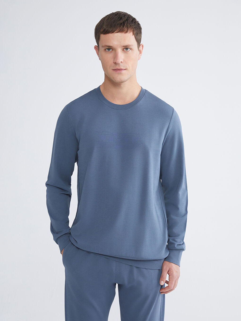 İndigo Bisiklet Yaka Baskılı Erkek Sweatshirt